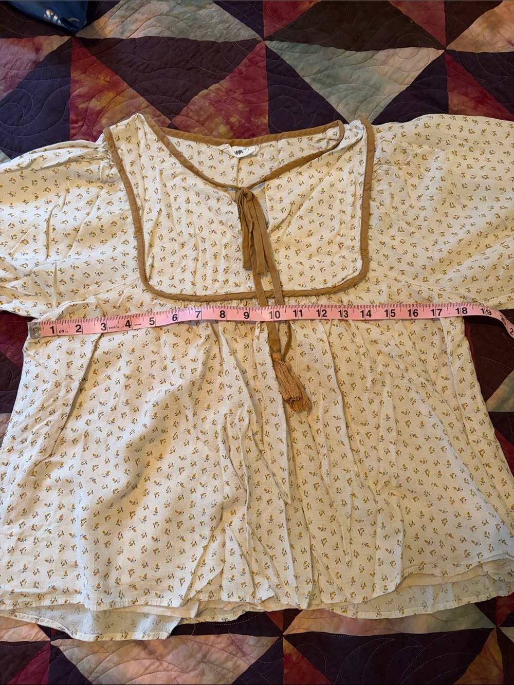 In Loom Boho Cream Floral Peasant Blouse with Mustard Trim - Picture 10 of 11